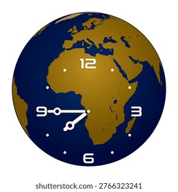 Analog Wall Clock on Europe and Africa Continent Globe Background shows 7.45. Vector illustration isolated, eps