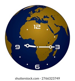 Analog Wall Clock on Europe and Africa Continent Globe Background shows 9.15. Vector illustration isolated, eps