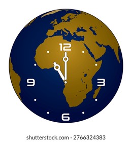 Analog Wall Clock on Europe and Africa Continent Globe Background shows 11.00 o'clock. Vector illustration isolated, eps