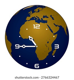 Analog Wall Clock on Europe and Africa Continent Globe Background shows 10.45. Vector illustration isolated, eps