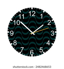 Analog wall clock with wavy black and green dial, and white hands with yellow ticks. Vector