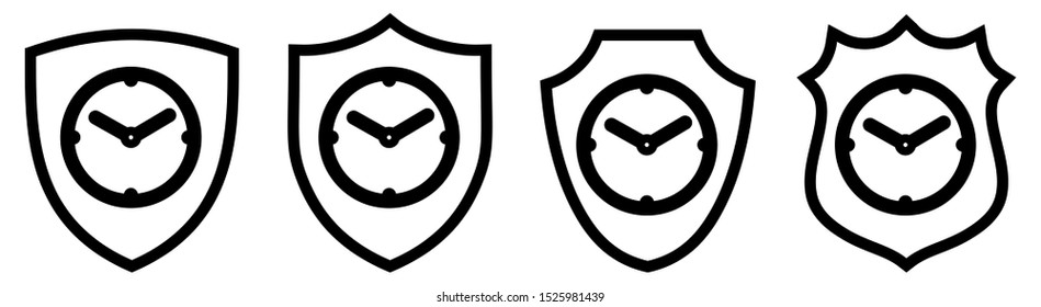 Analog watch / clock inside shield icon. Time protection symbol