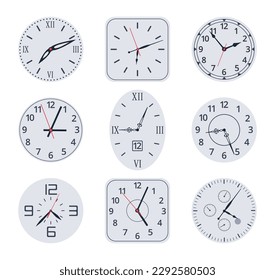 Caras de reloj analógico. Relojes vintage electrónicos y mecánicos, caras de reloj con números y manos de reloj con ilustraciones vectoriales planas
