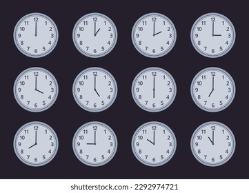 Analog watch faces. Vintage clock showing different time, round analog clocks faces with numbers flat vector illustration set