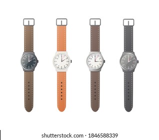 Analog watch set. Flat vector illustration. A wrist watch with a brown strap. Isolated on white background.