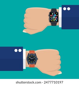 Analog watch and smart watch on businessman s hand. Vector illustration in flat style