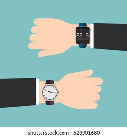 Analog watch and smart watch on businessman s hand. Flat style business background with icons for your design