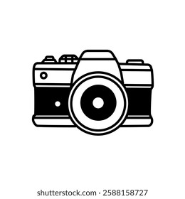 Analogue camera with vector line art, clip art, minimalist simple outline. Hand drawing retro design, vintage style illustration. Sticker