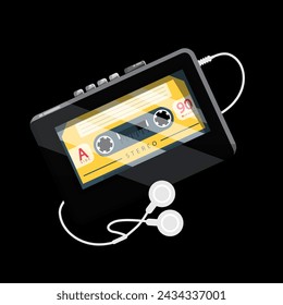 Analogue cassette player on black background, vector