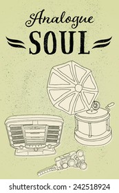 Analogue Soul. Vintage musical and photo equipment on grungy background.