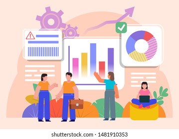 Analyse annual report, statistics, charts. Group of people stand near various charts, graphs. Flat design vector illustration. Poster for social media, web page, banner, presentation