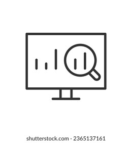 Analyse indicators, linear icon, Chart on screen. Magnifying glass. Line with editable stroke