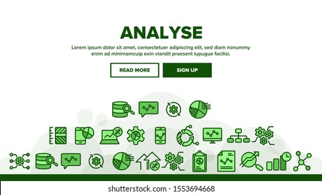 Analyse Landing Web Page Header Banner Template Vector. Market Graph Detail Of Analyse Linear Pictograms. Diagram On Smartphone Display And Computer Laptop Monitor Illustration