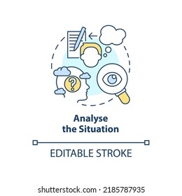 Analyse Situation Concept Icon. Evaluate Details. Strategy For Emotional Regulation Abstract Idea Thin Line Illustration. Isolated Outline Drawing. Editable Stroke. Arial, Myriad Pro-Bold Fonts Used