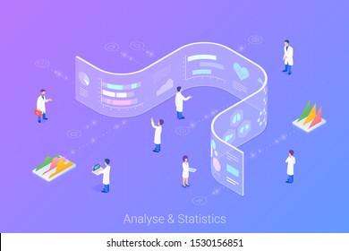 Analyse Statistics Big Data Charts Diagrams Isometric Flat vector illustration. People working with future interface HUD on virtual transparent wall.