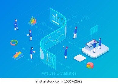 Analyse Statistics Big Data Charts Diagrams Isometric Flat vector illustration. People working with future interface HUD on virtual transparent wall.