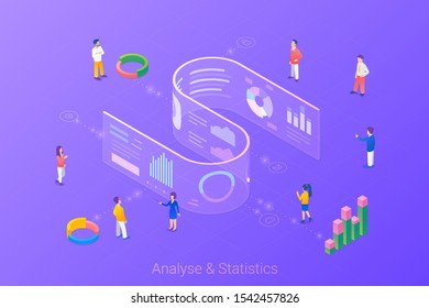 Analyse Statistics Big Data Charts Diagrams Isometric Flat vector illustration. People working with future interface HUD on virtual transparent wall.