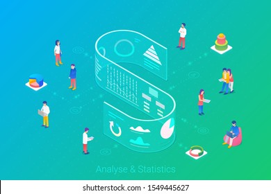 Analyse Statistics Big Data Charts Diagrams Isometric Flat vector illustration. People working with future interface HUD on virtual transparent wall.