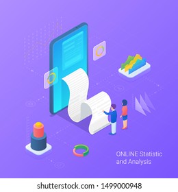 Analyse statistics data online services Isometric Flat vector illustration. Man and Woman looking on Bill from Mobile phone.