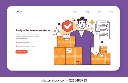 Analyse the warehouse stocks web banner or landing page. Effective products optimization in conditions of economic stagnation. Business-saving actions. Flat vector illustration