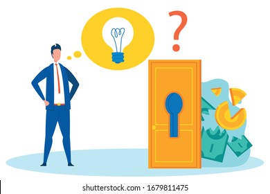 Analysing Bankruptcy Flat Vector Illustration. Cartoon Banker, Broker, Businessman, Finance Analyst Considering Money Loss Reasons. Broken Coins, Torn Banknotes behind Door with Keyhole