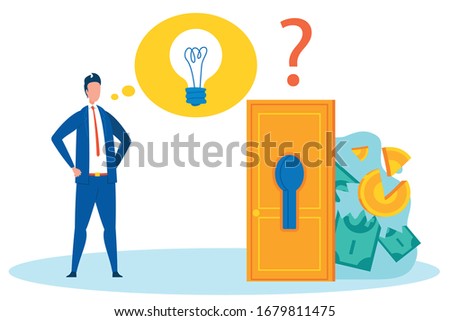 Analysing Bankruptcy Flat Vector Illustration. Cartoon Banker, Broker, Businessman, Finance Analyst Considering Money Loss Reasons. Broken Coins, Torn Banknotes behind Door with Keyhole