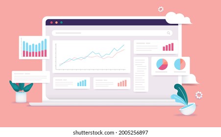 Análisis de datos en pantalla de computadora - Portátil con software, gráficos, gráficos y diagramas. Concepto de estática y analítica. Ilustración vectorial.