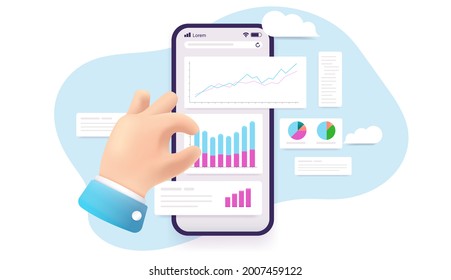 Analysing data on smartphone - Cartoon hand and phone with graphs, diagrams and charts. Analytics management concept. Vector illustration