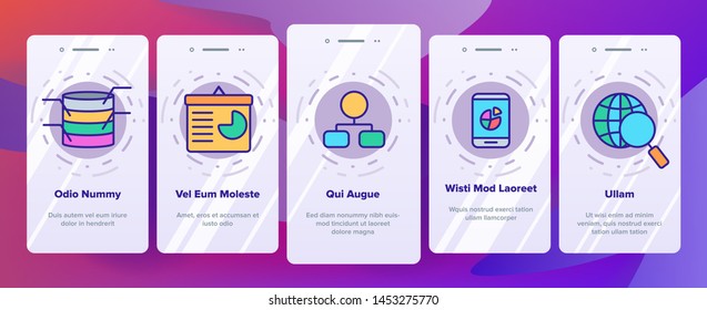 Analysing Data Vector Onboarding Mobile App Page Screen. Information Analysis Charts, Diagrams Linear Pictograms. Statistical Reports, Presentations, Analytical Thinking. Illustrations