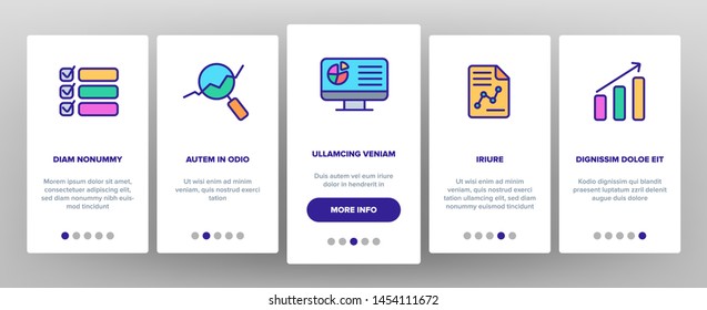 Analysing Data Vector Onboarding Mobile App Page Screen. Information Analysis Charts, Diagrams Linear Pictograms. Statistical Reports, Presentations, Analytical Thinking. Illustrations
