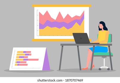 Analyse von Grafiken, Diagrammen, Geschäftsanalyse, Arbeit von Frauen am Tisch, Entwicklung von Finanzplänen, Strategie, Statistiken, Frau im Internet mit Infografiken, digitales Marketing