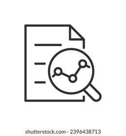 Analysieren der Indikatoren im Dokument, lineares Symbol. Diagramm und Vergrößerung Glas im Dokument. Analytik. Linie mit bearbeitbarem Hub