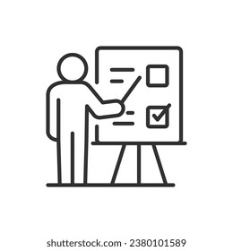 Analysing and planning tasks, linear icon. Person at blackboard with pointer talking about tasks and plan, checklist. Line with editable stroke
