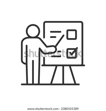 Analysing and planning tasks, linear icon. Person at blackboard with pointer talking about tasks and plan, checklist. Line with editable stroke