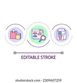 Analysing shopping activity loop concept icon. Customers orders study. Retail business strategy abstract idea thin line illustration. Isolated outline drawing. Editable stroke. Arial font used