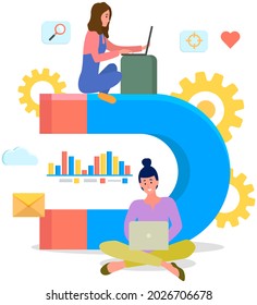 Analysing statistical presentation with laptop. People work with statistics, data settings, business planning. Distance working, freelance and internet surfing. Statistical analytics using technology