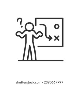 Analysing the strategy and the wrong decision, linear icon. A person wonders, looking at the wrong strategic path leading to failure. Line with editable stroke