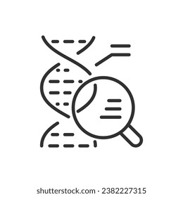 Analysieren und studieren von DNA, lineares Symbol. Die Dna helix und die Lupe. Biologische molekulare Studie. Linie mit bearbeitbarem Hub