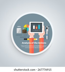 Analysis actions. Concept of businessman using mobile phone for analytics information and process of development in flat design style on round banner