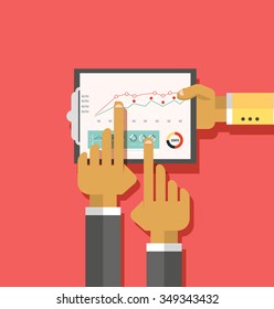 Analysis of actions infographic. Analytics and analysis icon, analyze and business analysis, research data analysis, strategy business, plan web, idea marketing seo. Hands with graph, charts