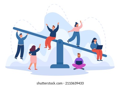 Analysis of advantages from employees with unbalanced scales. Team of happy tiny business people on libra seesaw measuring weight flat vector illustration. Comparison, inequality, teamwork concept