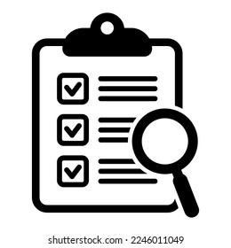 Analysis, analyzing icon. Clipboard with magnifier loupe icon, business concept. File search icon, document search, vector isolated.