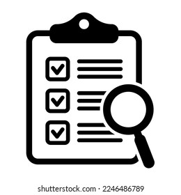 Icono de análisis. Portapapeles con icono de lupa de aumento, concepto de negocio. Icono de búsqueda de archivos, búsqueda de documentos, vector aislado.