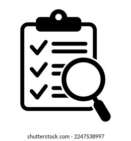 Analysis, analyzing icon. Clipboard with magnifier loupe icon, business concept. File search icon, document search, vector isolated.