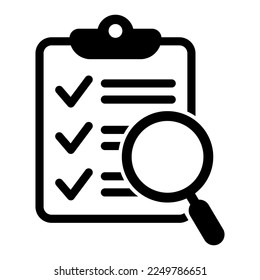 Analysis, analyzing icon. Clipboard with magnifier loupe icon, business concept. File search icon, document search, vector isolated.