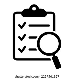 Analysis, analyzing icon. Clipboard with magnifier loupe icon, business concept. File search icon, document search, vector isolated.