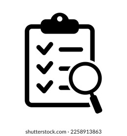 Icono de análisis. Portapapeles con icono de lupa de aumento, concepto de negocio. Icono de búsqueda de archivos, búsqueda de documentos, vector aislado.