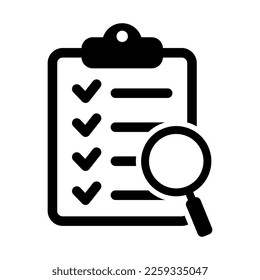 Analysis, analyzing icon. Clipboard with magnifier loupe icon, business concept. File search icon, document search, vector isolated.