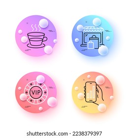 Analysis app, Market and Vip chip minimal line icons. 3d spheres or balls buttons. Coffee cup icons. For web, application, printing. Smartphone charts, Shopping bags, Online casino. Tea mug. Vector