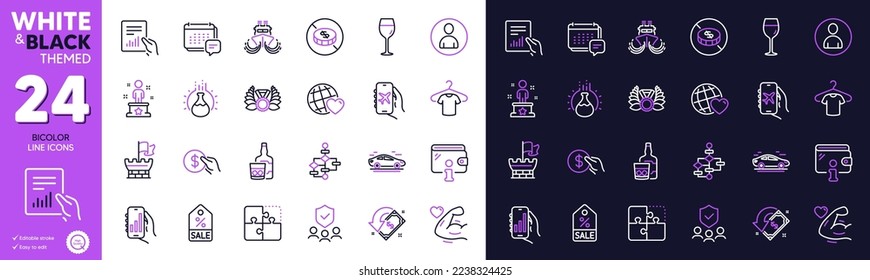 Analysis app, Puzzle and Block diagram line icons for website, printing. Collection of Flight mode, Friends world, Document icons. Whiskey glass, Avatar, Wine glass web elements. Wallet. Vector